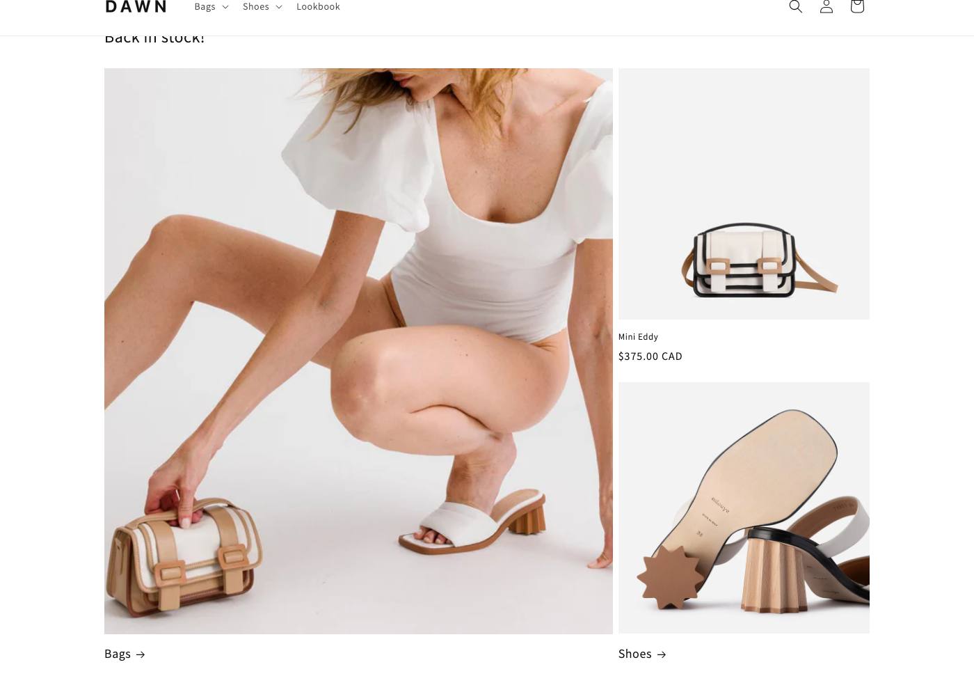 Dawn demo storefront Featured collection section showing a large lifestyle photo next to product cards for Mini Eddy bag and Shoes