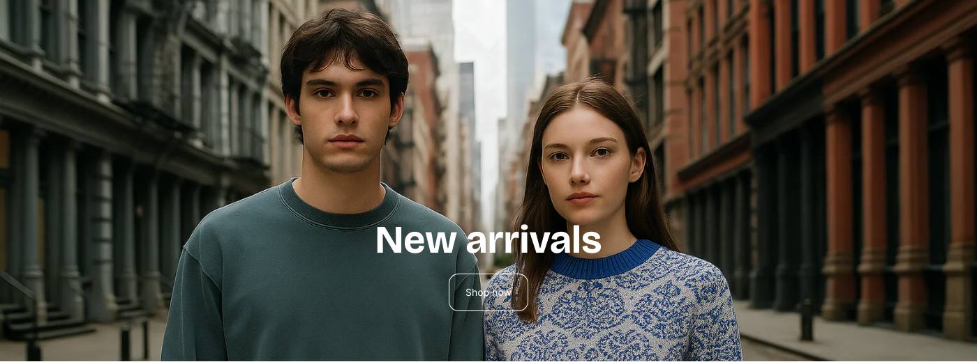 Horizon demo storefront Hero section showing two models on a city street with the headline New arrivals and a Shop now button