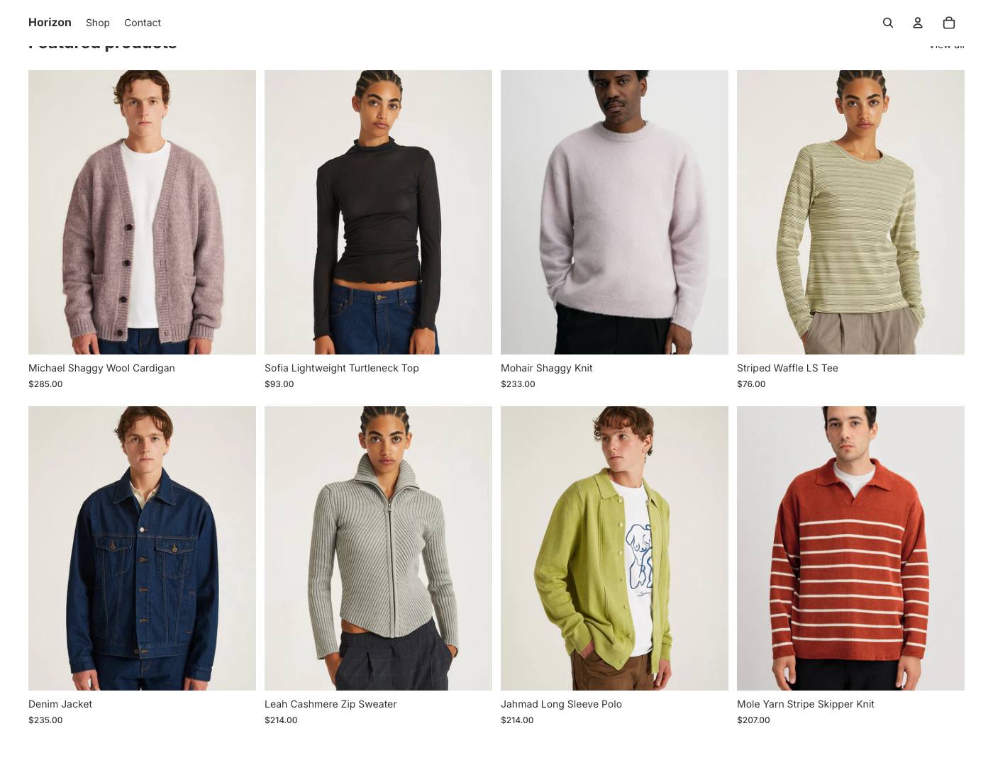 Horizon demo storefront Featured products section showing a grid of clothing product cards with prices